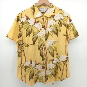 Worth Womens Button Up Shirt Size 16 Yellow Floral 100% Silk Tropical Blouse